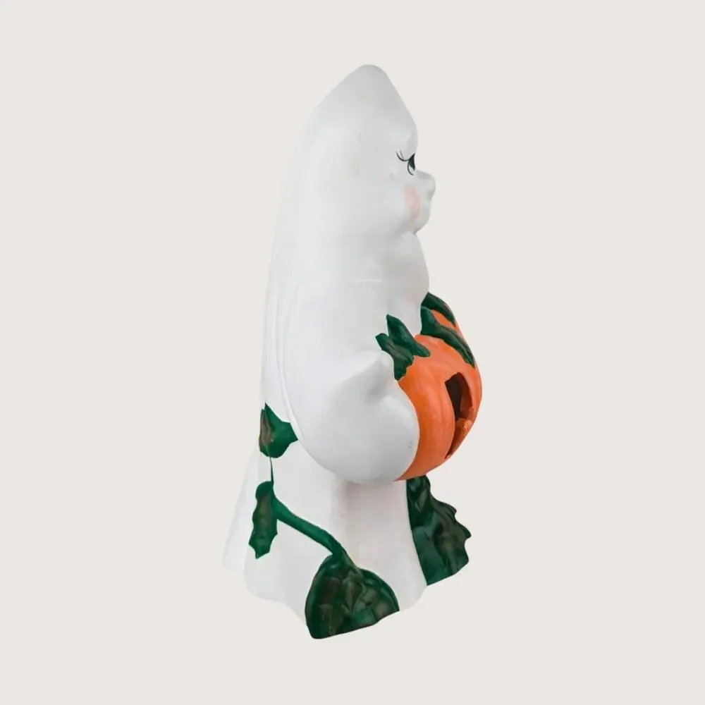 Vintage Light Up Ceramic Ghost Holding Boo Pumpkins Halloween Figurine